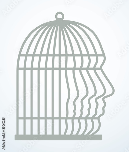 Iron cage in form of man face. Vector drawing icon