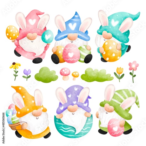 Watercolor Hand drawing Easter gnome and elements set 