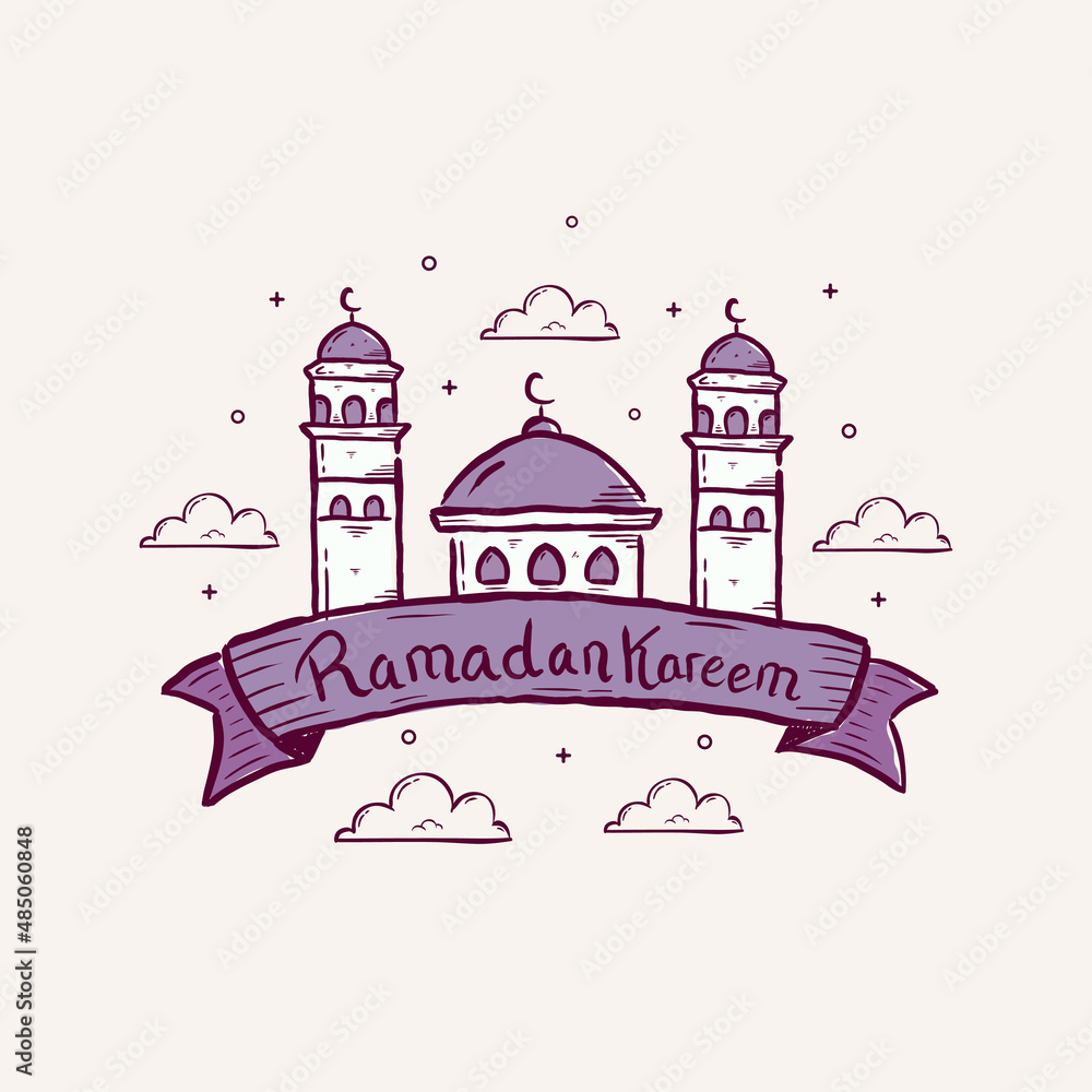 Ramadan Kareem. Illustration vector graphic. Design concept Mosque in HandDrawn Sketch style, Perfect for Islamic Holy Month, banner, Postcard social media, greeting card