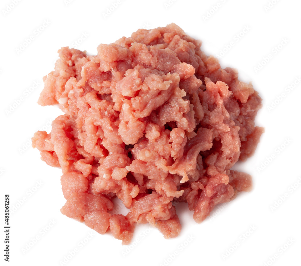 Fresh raw ground pork heap isolated on white background. Pork and beef minced meat. Top view Fresh raw ground pork heap isolated on white background. Pork and beef minced meat. Top view