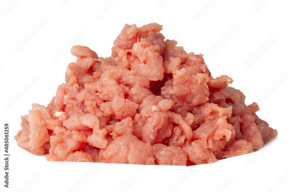 Fresh raw ground pork heap isolated on white background. Pork and beef minced meat. Isolated on white background. Horizontal view Fresh raw ground pork heap isolated on white background. Pork and beef minced meat. Isolated on white background. Horizontal view