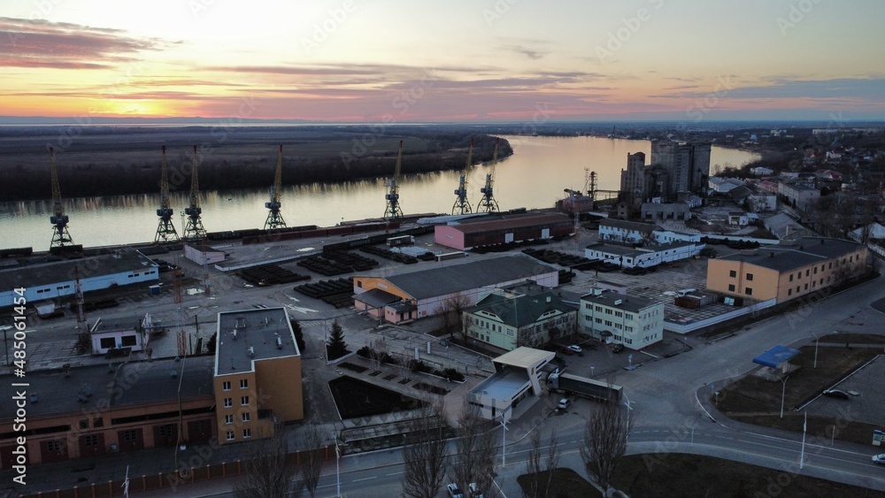 Sky view of river port at sunset