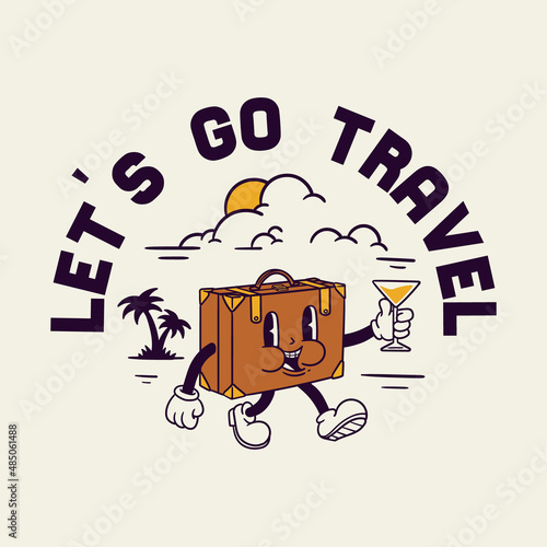 suitcase mascot character illustration drinking cocktail in vintage style
