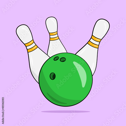 Green bowling ball and three bowling pins. Cartoon. Vector illustration