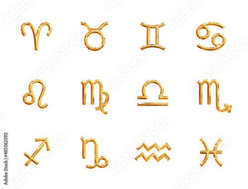 Zodiac signs. Gold astrology symbols for horoscope template. Zodiac shiny metallic icons set isolated on white background for design.