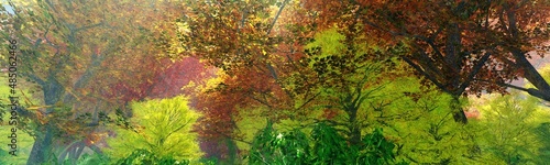 Autumn park, autumn trees, autumn landscape, 3d rendering