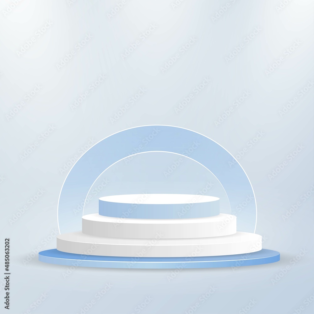 Podiums for product presentation, blue, white podium, on a light blue background. Podiums for product presentation, blue, white podium, on a light blue background.