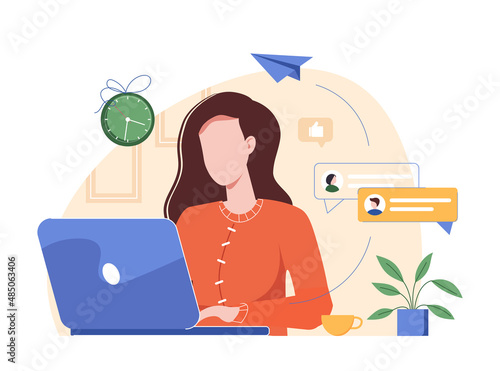 Home office concept, woman working or study from home, student or freelancer working online on laptop. Self-employed people work in comfortable conditions. Cute vector illustration in flat style.