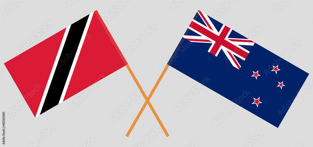 Crossed flags of Trinidad and Tobago and New Zealand. Official colors. Correct proportion