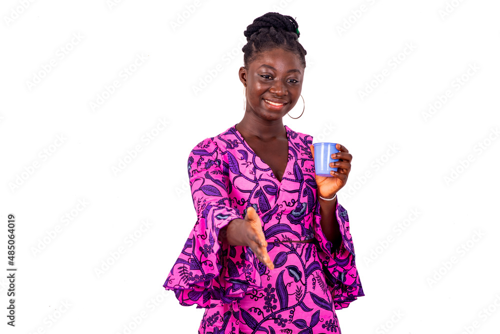 young woman holding small plastic box and offering a handshake. young woman holding small plastic box and offering a handshake.