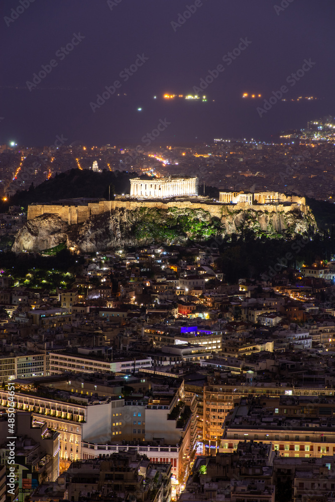 Greece Athens at night, view of the temple of the Acropolis Parthenon, cityscape