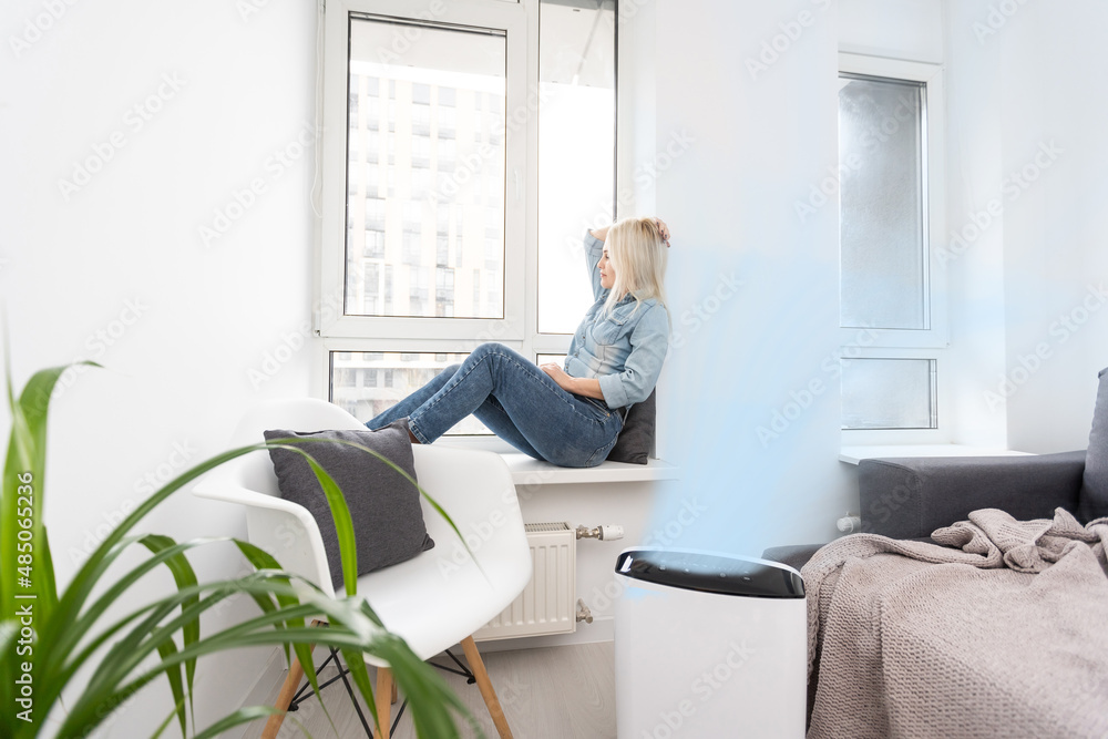 Woman In Living Room Using Air Cleaner And Humidifier Woman In Living Room Using Air Cleaner And Humidifier