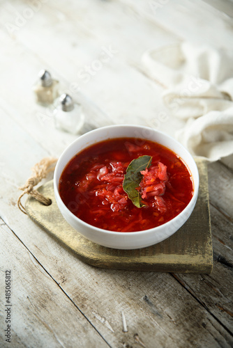 Traditional homemade beetroot soup with bay leaf