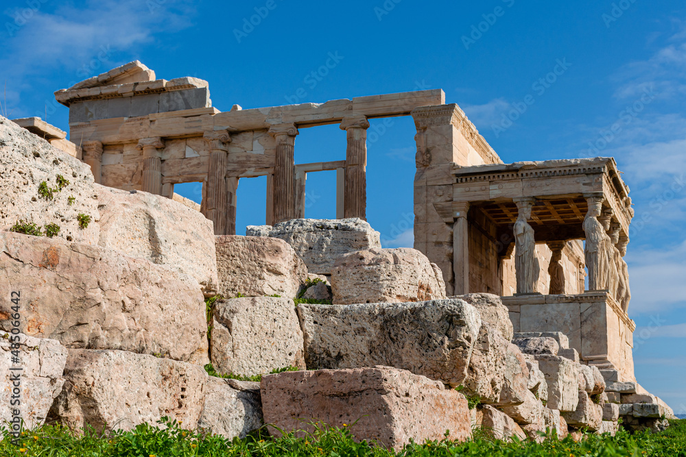 Ancient temple of the Acropolis Erechtheion in Athens, antique architecture, cityscape