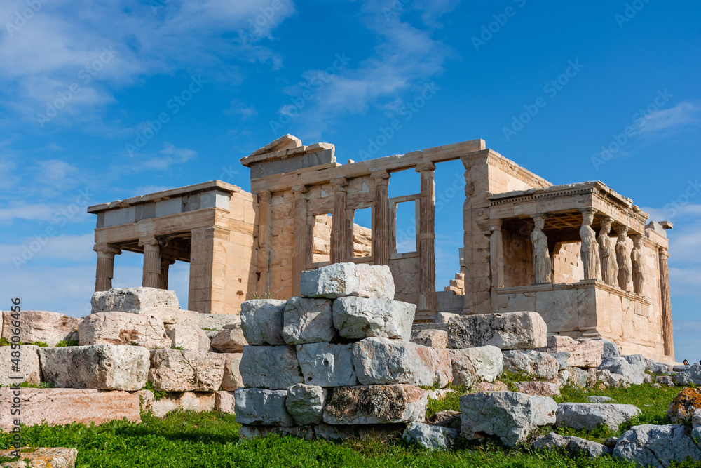 Ancient temple of the Acropolis Erechtheion in Athens, antique architecture, cityscape