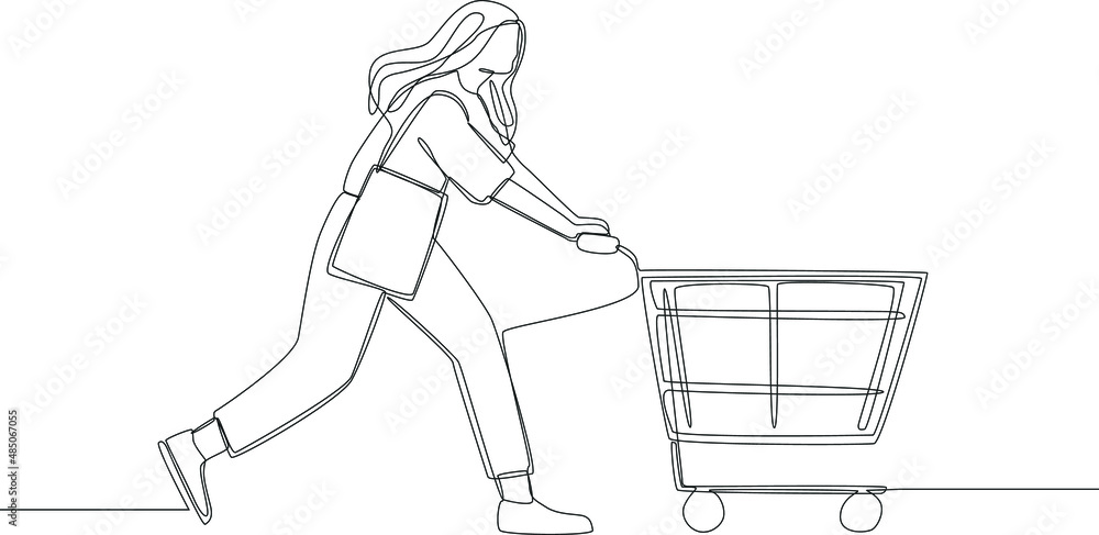 Female push a trolley when shopping at market place. set of black silhouette of celebrating on white background. Vector illustration