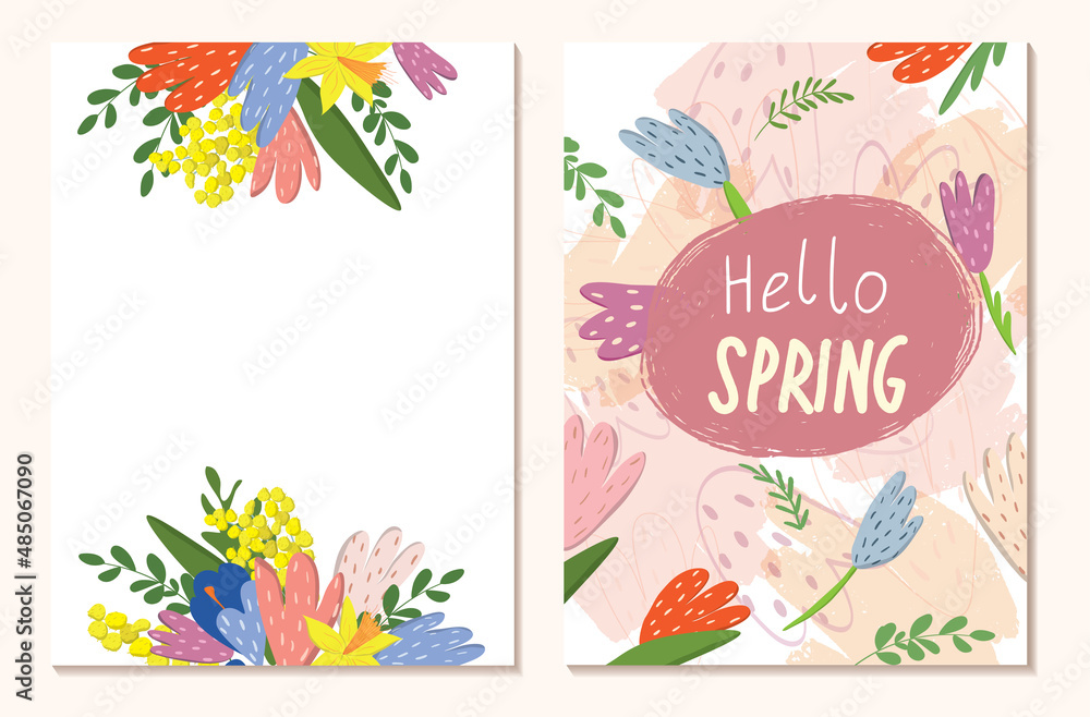 Spring vector postcard. Bouquet of flowers.Drawings for a postcard, poster, banner or social media post. Square postcards. Mothers Day. I love you. Hello Spring