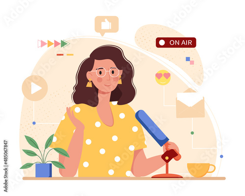 Female podcaster talking to microphone recording podcast. Woman talking at live stream. Online show or joyful radio host interview, media broadcasting. Concept vector illustration in flat style