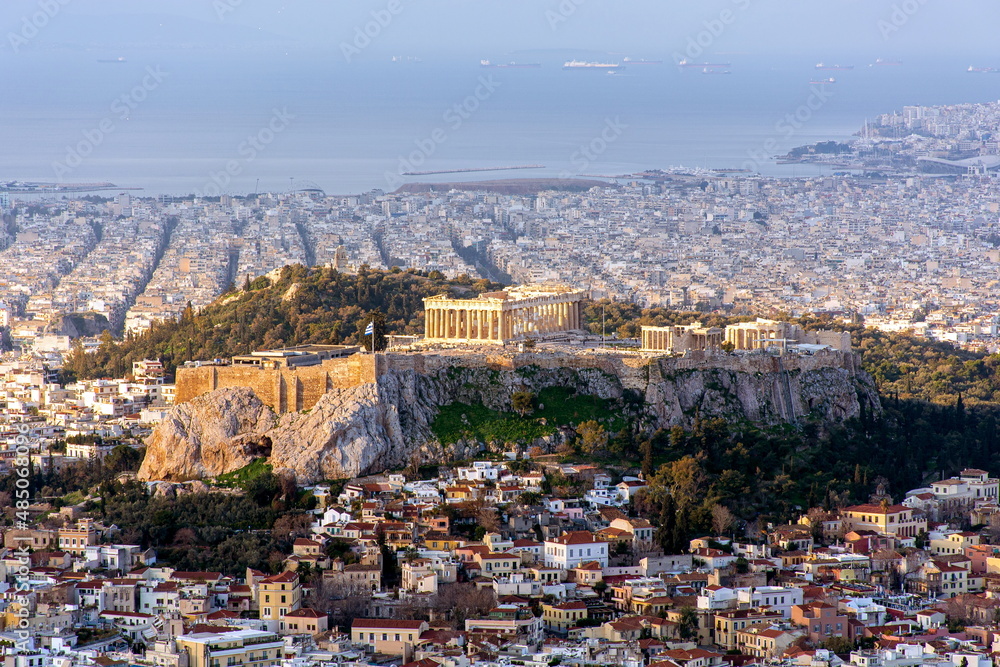 Greece Athens, view of the Parthenon temple of the Acropolis, cityscape,