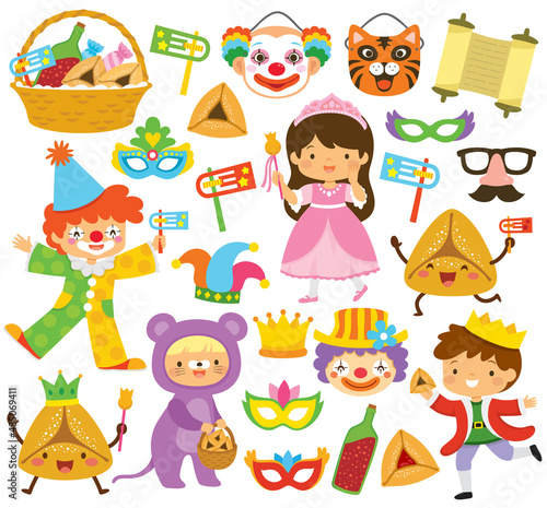 Purim clipart set with kids, costumes, cartoon hamantaschen, noise makers, masks, and other holiday symbols.