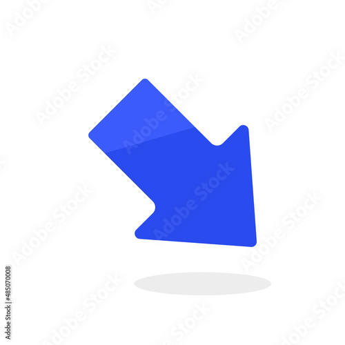 キラリと光る浮かんでいる青い右斜め下方向の矢印のアイコン - 下向き・右下・南東・斜め下の素材
