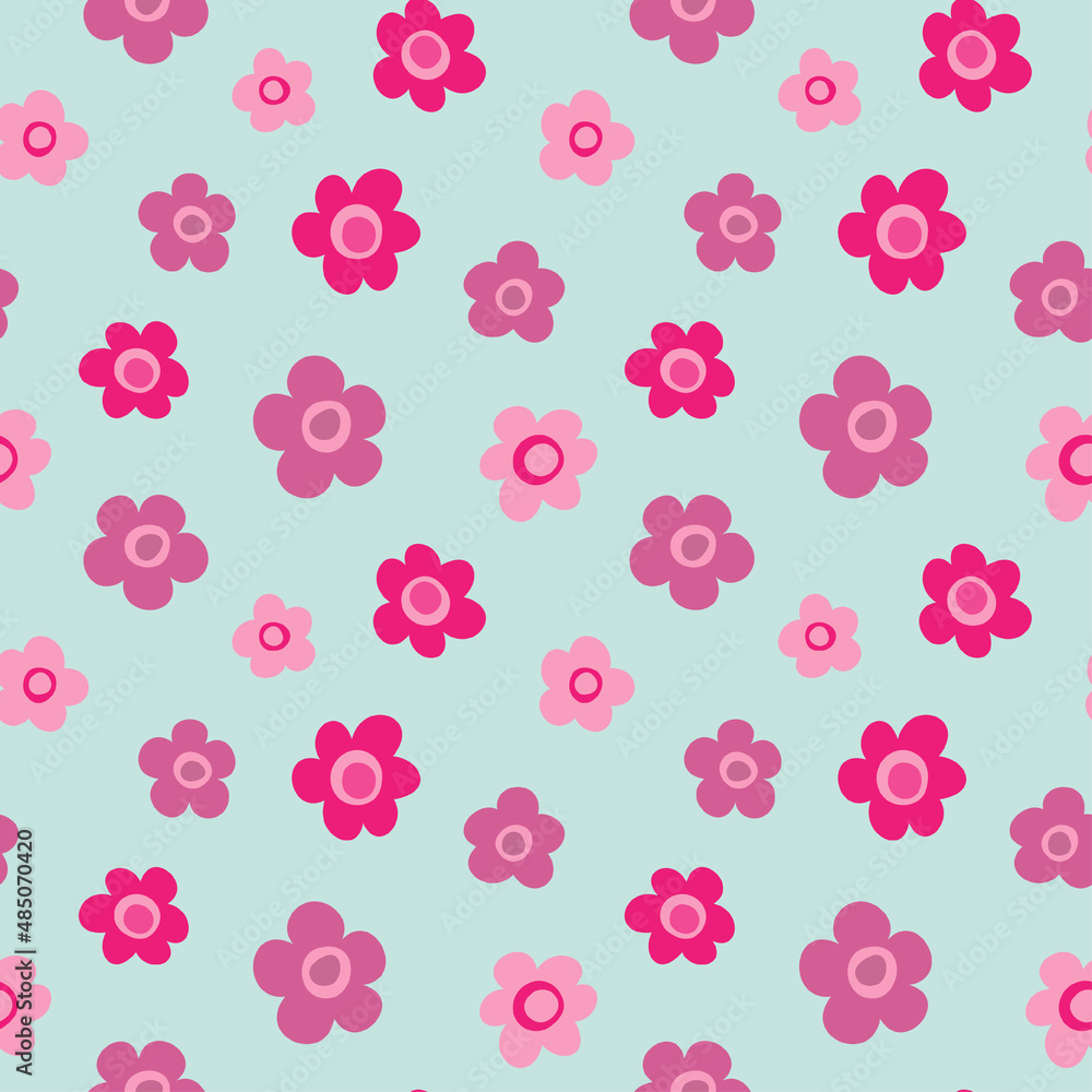 Floral seamless pattern with pink flower on turquoise background.