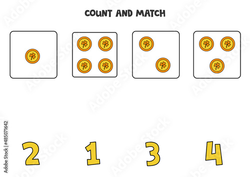 Counting game for kids. Count all coins and match with number. Worksheet for children.