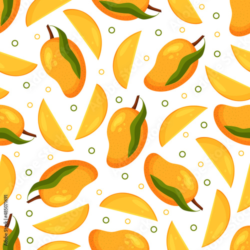 Vector seamless pattern with juicy ripe yellow mangoes