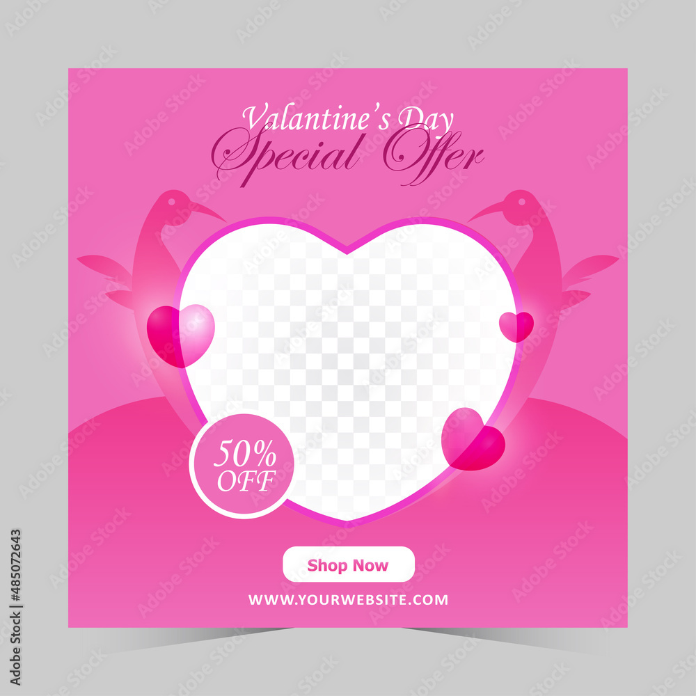 Happy Valentine's Day Offer, Social Media Poster Design, Vector Illustration, 2022, Pink Color