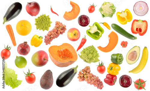 Collection fresh vegetables, fruits, berries isolated on white background.