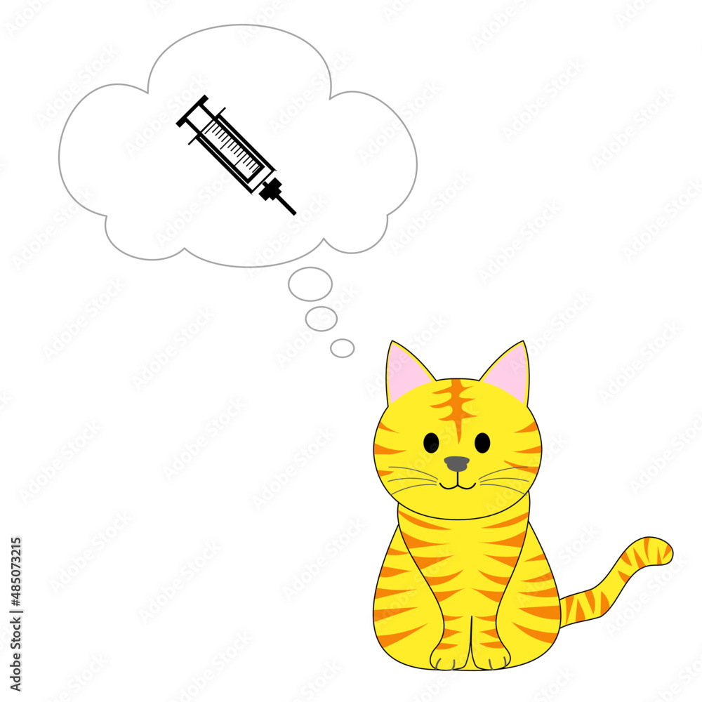 A tabby cat and speech balloon with an icon of injection A tabby cat and speech balloon with an icon of injection