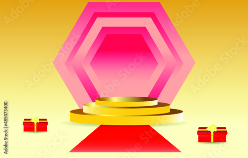 Gold cylinder pedestal podium.  hexagon circle backdrop in pink color scene. and a gift box replica  , Vector rendering 3d geometric shape for product display, banner for advertise .