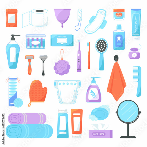 Beauty care, spa and hygiene products set isolated on white background.Cartoon Vector Illustration.
