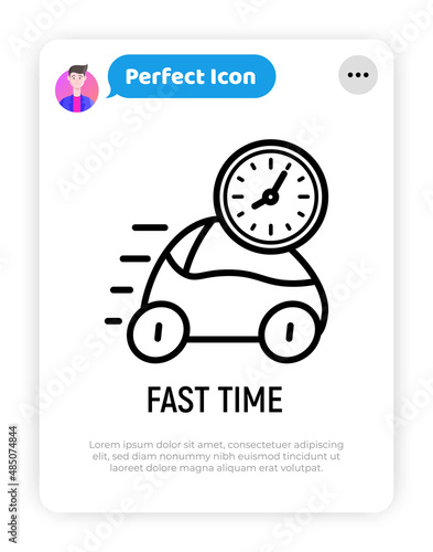 Fast time thin line icon: car at speed and clock. Modern vector illustration of quickly delivery, time running.