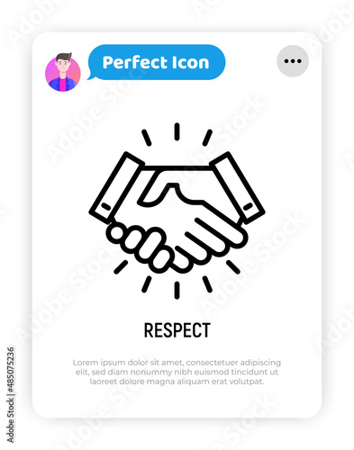 Respect thin line icon: handshake. Modern vector illustration of business partners.