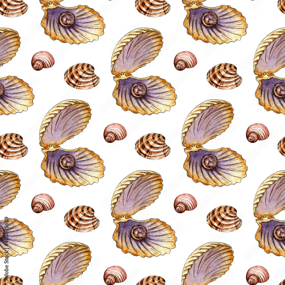Watercolor illustration of a pattern of seamless seashells with a pearl in beige tones. Endlessly repeating marine background. Scallops, clams and spirals. Isolated on white background. Drawn by hand. Watercolor illustration of a pattern of seamless seashells with a pearl in beige tones. Endlessly repeating marine background. Scallops, clams and spirals. Isolated on white background. Drawn by hand.