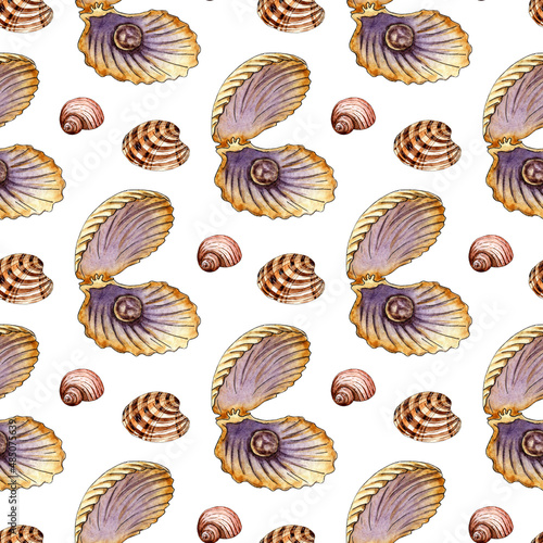 Watercolor illustration of a pattern of seamless seashells with a pearl in beige tones. Endlessly repeating marine background. Scallops, clams and spirals. Isolated on white background. Drawn by hand.
