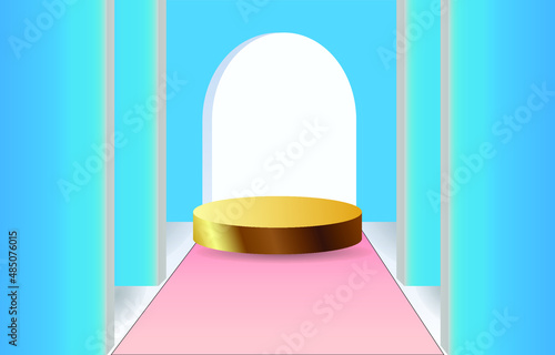 gold cylindrical plinth Abstract pastel blue minimalist wall scene and pink corridors. Vector renders 3D geometric shapes for product presentations.