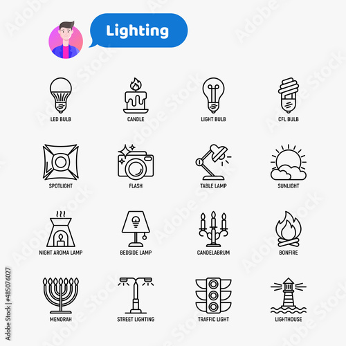Lighting thin line icons set: bulb, LED, CFL, candle, table lamp, sunlight, spotlight, flash, candelabrum, bonfire, menorah, lighthouse, night aroma lamp. Modern vector illustration.