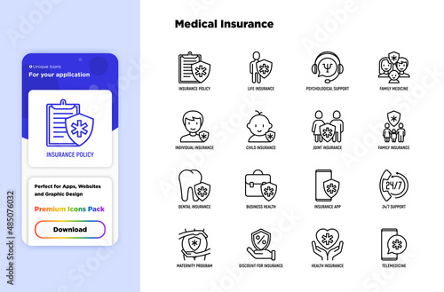 Medical insurance thin line icons set: policy, life insurance, psychological support, maternity program, 24/7 support, mobile app, telemedicine. Modern vector illustration.