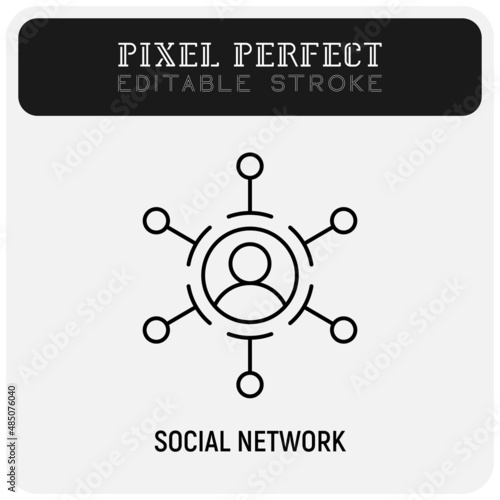 Social network thin line icon. Person connects with others. Pixel perfect, editable stroke. Vector illustration.