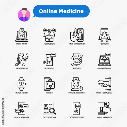 Online medicine, telemedicine thin line icons set: pill timer, ambulance online, medical drone, medical tracker, mHealth, messenger, check symptomps, mobile consultant. Modern vector illustration.