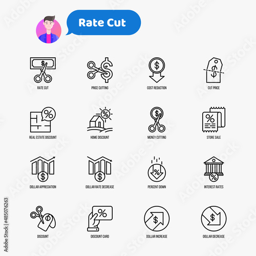 Rate cut thin line icon set: cutting price, cost reduction, sale, discount, receipt, loyalty card, interest. Modern vector illustration.