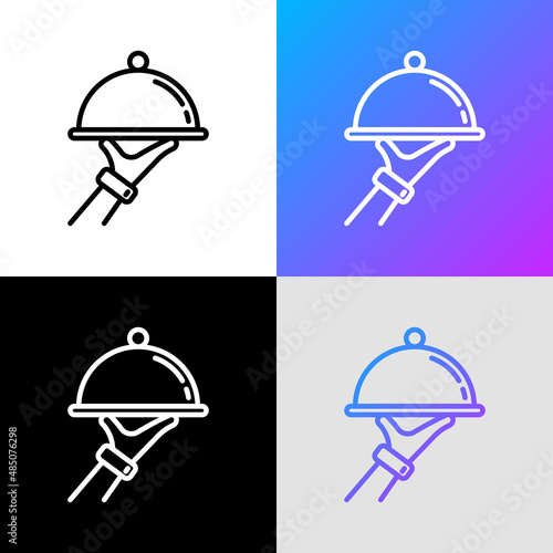 Food service thin line icon: cloche in waiter's hand. Cathering. Modern vector illustration of restaurant delivery.