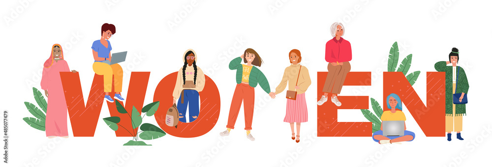 International Women's Day banner template. Diverse women together. Trendy tiny ladies of different nationalities, ages with women word. Sisterhood, friend support, feminism. Vector flat illustration. International Women's Day banner template. Diverse women together. Trendy tiny ladies of different nationalities, ages with women word. Sisterhood, friend support, feminism. Vector flat illustration.