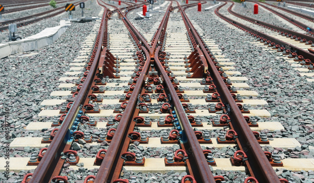 Fototapeta premium Railway turnout and crossing panel area. 