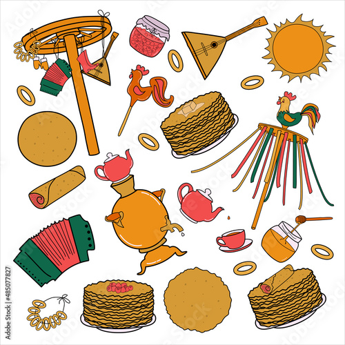 A set of elements of Maslenitsa in hand drawn style on a white background. Traditional russian festival Shrovetide. Carousel, cockerel,pancakes, tea, samovar, accordion, balalaika, honey, jam. EPS 10.