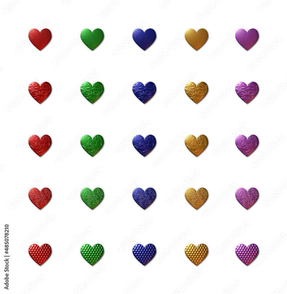 A set of 25 - 3D rendered illustrated metallic finish hearts isolated on a white backgrpound.