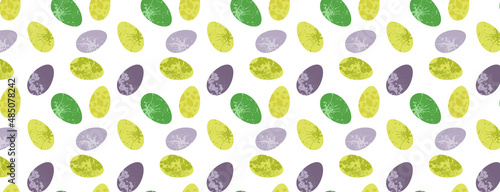 Fototapeta Naklejka Na Ścianę i Meble -  Happy Easter card seamless pattern with decorated Easter eggs Vector illustration flat design for invitations, prints, wrapping paper