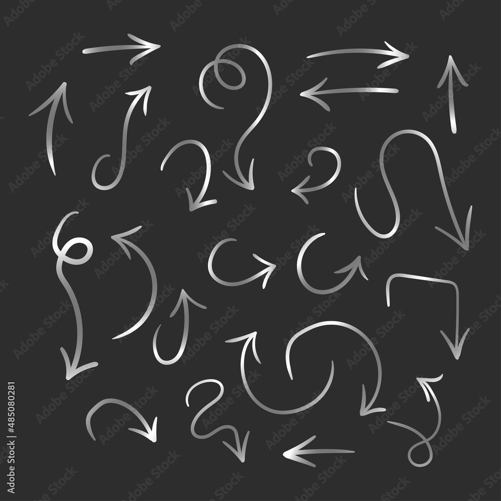 Set of vector different hand drawn arrows. Hand drawn silver arrows. Set of vector different hand drawn arrows. Hand drawn silver arrows.